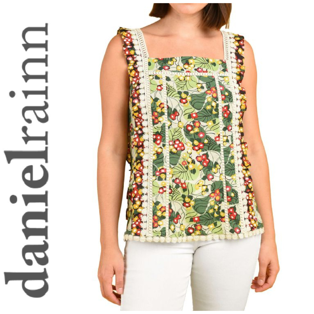 NEW Daniel Rainn Arya Sz M Retro Botanical Printed Crochet Trim Tank Top NWT